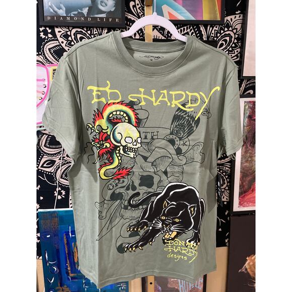 Ed Hardy Y2K Streetwear Dragon Panther Tattoo Short Sleeve Tee Olive Medium - Picture 1 of 7